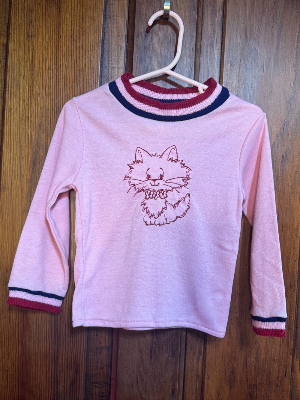 Doe-Spun Vintage 70s Pink Cat Embroidered Long Sleeve Top Size 3